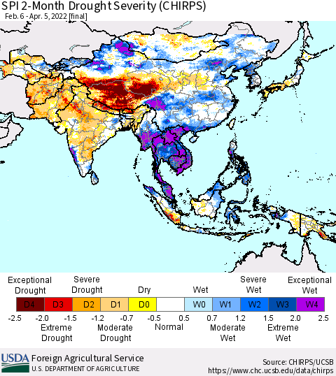 Asia SPI 2-Month Drought Severity (CHIRPS) Thematic Map For 2/6/2022 - 4/5/2022