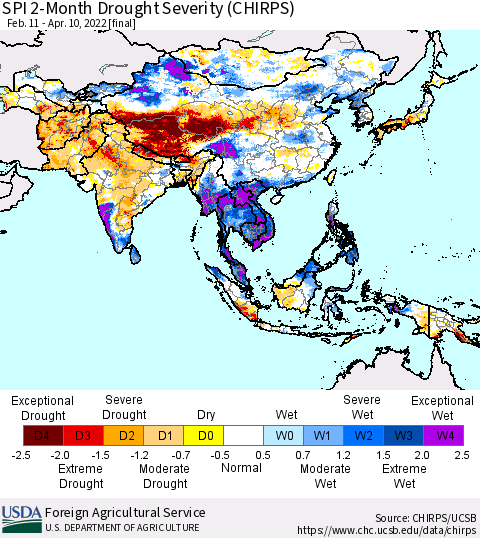 Asia SPI 2-Month Drought Severity (CHIRPS) Thematic Map For 2/11/2022 - 4/10/2022