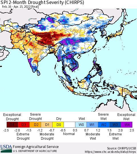 Asia SPI 2-Month Drought Severity (CHIRPS) Thematic Map For 2/16/2022 - 4/15/2022