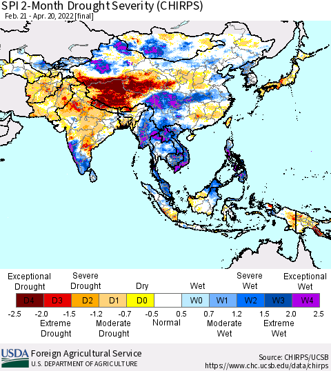 Asia SPI 2-Month Drought Severity (CHIRPS) Thematic Map For 2/21/2022 - 4/20/2022