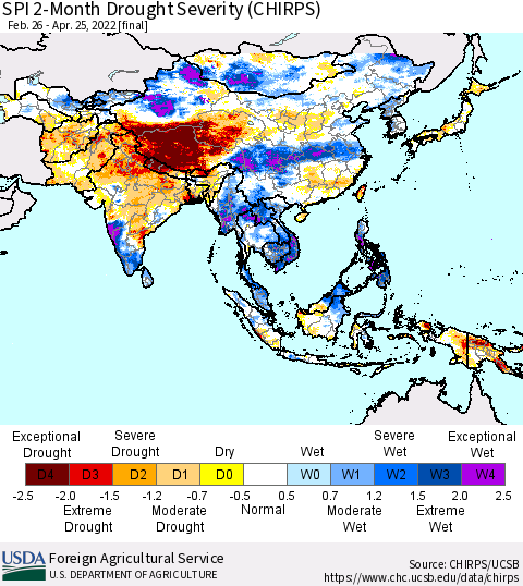 Asia SPI 2-Month Drought Severity (CHIRPS) Thematic Map For 2/26/2022 - 4/25/2022