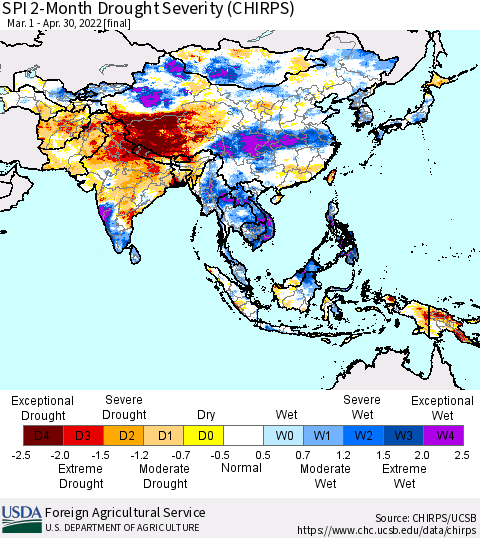 Asia SPI 2-Month Drought Severity (CHIRPS) Thematic Map For 3/1/2022 - 4/30/2022
