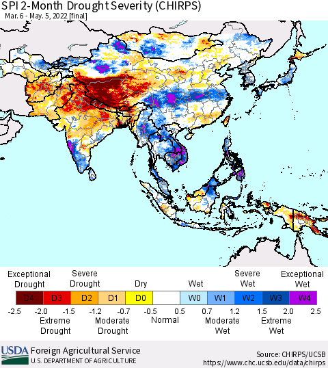Asia SPI 2-Month Drought Severity (CHIRPS) Thematic Map For 3/6/2022 - 5/5/2022
