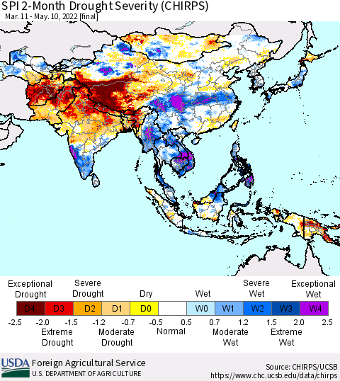 Asia SPI 2-Month Drought Severity (CHIRPS) Thematic Map For 3/11/2022 - 5/10/2022