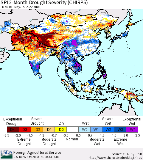 Asia SPI 2-Month Drought Severity (CHIRPS) Thematic Map For 3/16/2022 - 5/15/2022