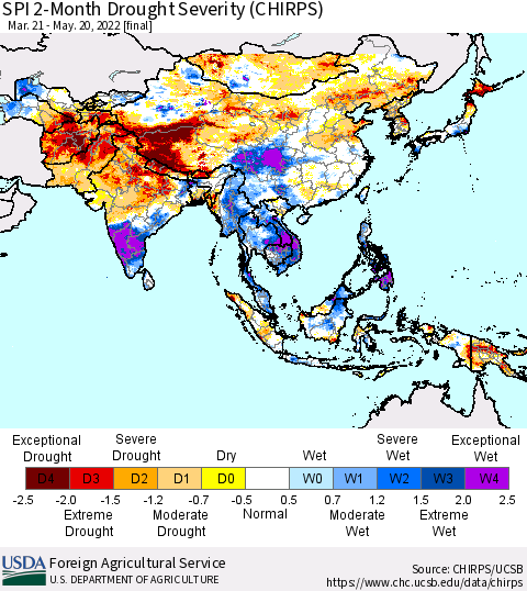 Asia SPI 2-Month Drought Severity (CHIRPS) Thematic Map For 3/21/2022 - 5/20/2022