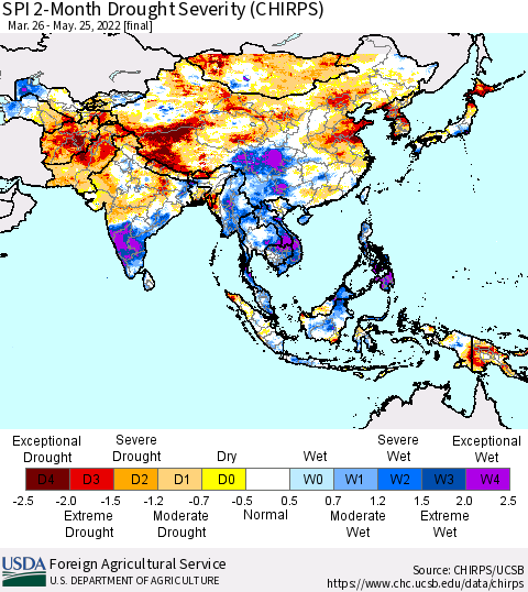 Asia SPI 2-Month Drought Severity (CHIRPS) Thematic Map For 3/26/2022 - 5/25/2022