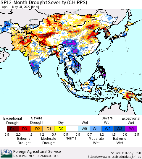 Asia SPI 2-Month Drought Severity (CHIRPS) Thematic Map For 4/1/2022 - 5/31/2022