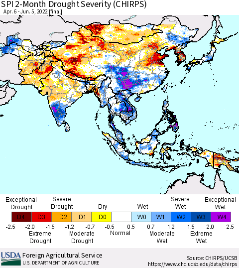 Asia SPI 2-Month Drought Severity (CHIRPS) Thematic Map For 4/6/2022 - 6/5/2022