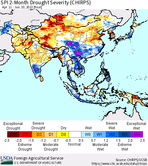 Asia SPI 2-Month Drought Severity (CHIRPS) Thematic Map For 4/11/2022 - 6/10/2022