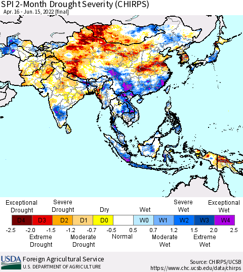 Asia SPI 2-Month Drought Severity (CHIRPS) Thematic Map For 4/16/2022 - 6/15/2022