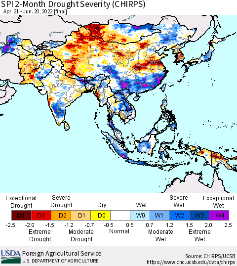 Asia SPI 2-Month Drought Severity (CHIRPS) Thematic Map For 4/21/2022 - 6/20/2022