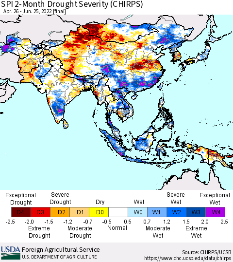 Asia SPI 2-Month Drought Severity (CHIRPS) Thematic Map For 4/26/2022 - 6/25/2022