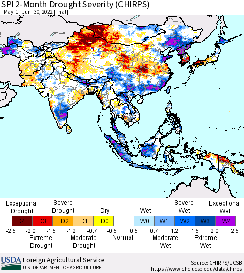 Asia SPI 2-Month Drought Severity (CHIRPS) Thematic Map For 5/1/2022 - 6/30/2022