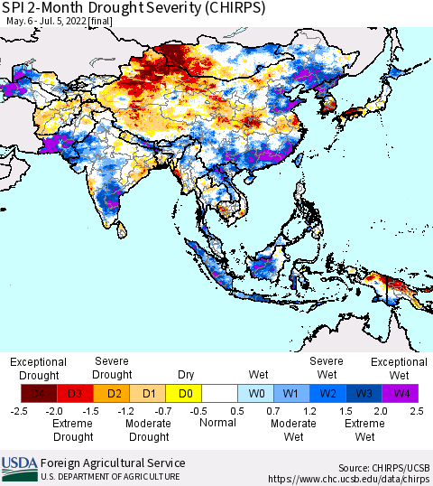 Asia SPI 2-Month Drought Severity (CHIRPS) Thematic Map For 5/6/2022 - 7/5/2022