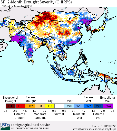 Asia SPI 2-Month Drought Severity (CHIRPS) Thematic Map For 5/11/2022 - 7/10/2022