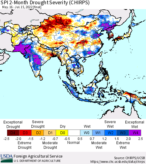 Asia SPI 2-Month Drought Severity (CHIRPS) Thematic Map For 5/16/2022 - 7/15/2022