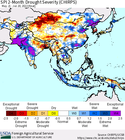 Asia SPI 2-Month Drought Severity (CHIRPS) Thematic Map For 5/21/2022 - 7/20/2022