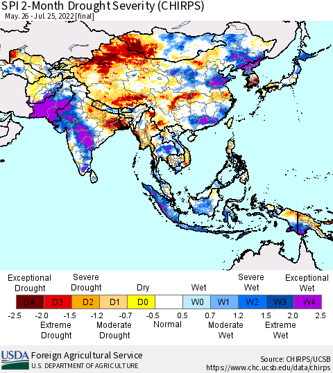 Asia SPI 2-Month Drought Severity (CHIRPS) Thematic Map For 5/26/2022 - 7/25/2022