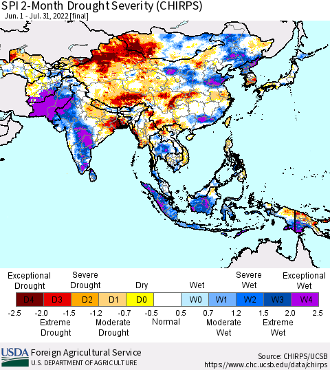 Asia SPI 2-Month Drought Severity (CHIRPS) Thematic Map For 6/1/2022 - 7/31/2022