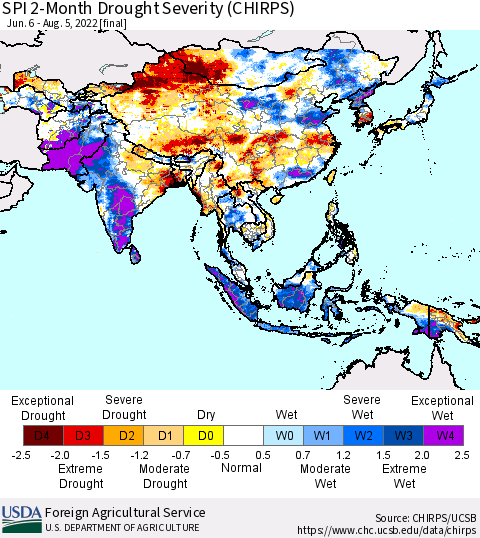 Asia SPI 2-Month Drought Severity (CHIRPS) Thematic Map For 6/6/2022 - 8/5/2022