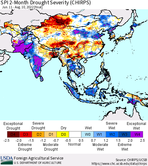 Asia SPI 2-Month Drought Severity (CHIRPS) Thematic Map For 6/11/2022 - 8/10/2022