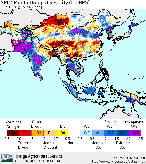 Asia SPI 2-Month Drought Severity (CHIRPS) Thematic Map For 6/16/2022 - 8/15/2022