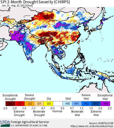 Asia SPI 2-Month Drought Severity (CHIRPS) Thematic Map For 6/21/2022 - 8/20/2022