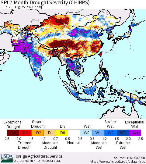 Asia SPI 2-Month Drought Severity (CHIRPS) Thematic Map For 6/26/2022 - 8/25/2022