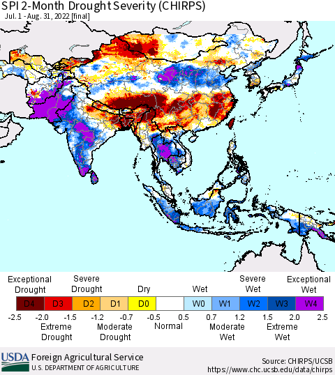 Asia SPI 2-Month Drought Severity (CHIRPS) Thematic Map For 7/1/2022 - 8/31/2022