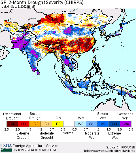 Asia SPI 2-Month Drought Severity (CHIRPS) Thematic Map For 7/6/2022 - 9/5/2022