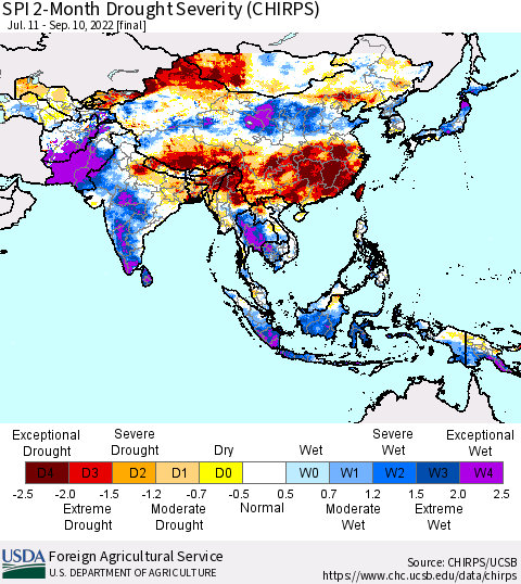 Asia SPI 2-Month Drought Severity (CHIRPS) Thematic Map For 7/11/2022 - 9/10/2022