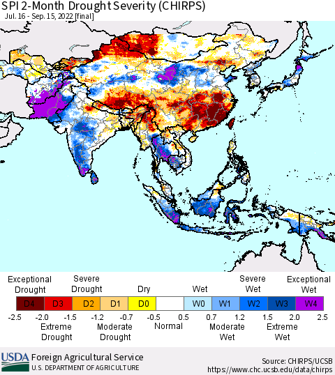 Asia SPI 2-Month Drought Severity (CHIRPS) Thematic Map For 7/16/2022 - 9/15/2022