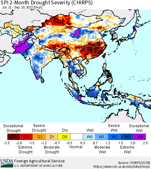 Asia SPI 2-Month Drought Severity (CHIRPS) Thematic Map For 7/21/2022 - 9/20/2022