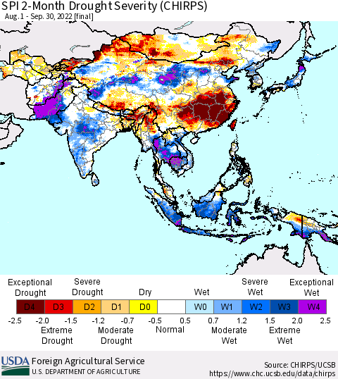 Asia SPI 2-Month Drought Severity (CHIRPS) Thematic Map For 8/1/2022 - 9/30/2022