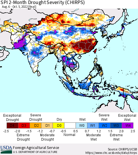 Asia SPI 2-Month Drought Severity (CHIRPS) Thematic Map For 8/6/2022 - 10/5/2022