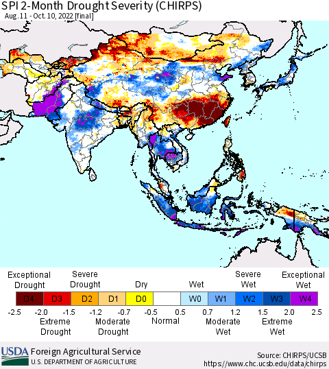 Asia SPI 2-Month Drought Severity (CHIRPS) Thematic Map For 8/11/2022 - 10/10/2022