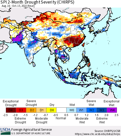 Asia SPI 2-Month Drought Severity (CHIRPS) Thematic Map For 8/16/2022 - 10/15/2022