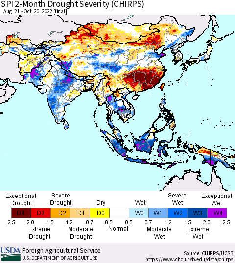 Asia SPI 2-Month Drought Severity (CHIRPS) Thematic Map For 8/21/2022 - 10/20/2022