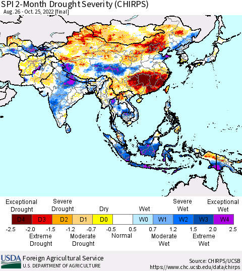 Asia SPI 2-Month Drought Severity (CHIRPS) Thematic Map For 8/26/2022 - 10/25/2022