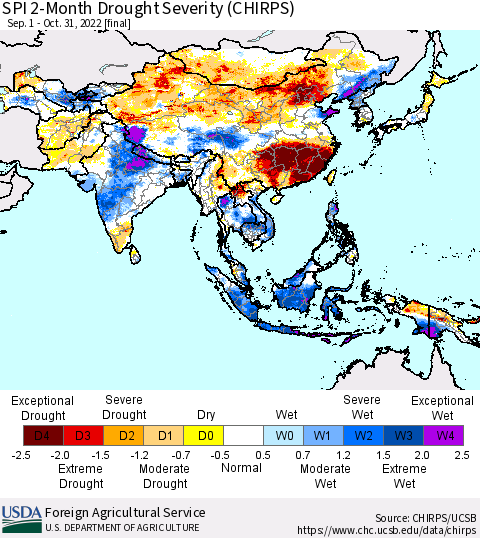 Asia SPI 2-Month Drought Severity (CHIRPS) Thematic Map For 9/1/2022 - 10/31/2022