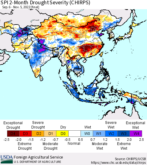 Asia SPI 2-Month Drought Severity (CHIRPS) Thematic Map For 9/6/2022 - 11/5/2022