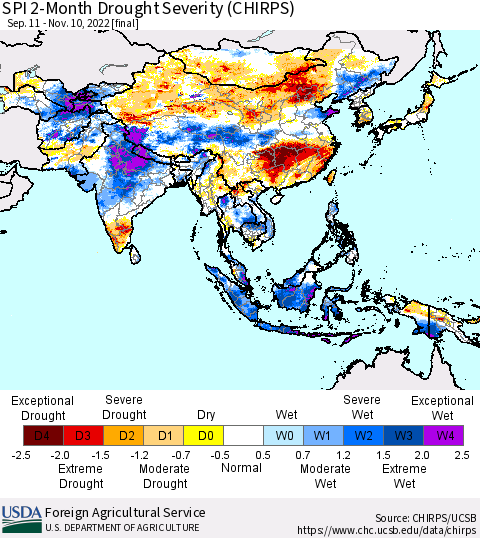 Asia SPI 2-Month Drought Severity (CHIRPS) Thematic Map For 9/11/2022 - 11/10/2022