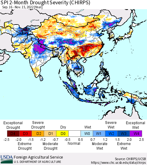 Asia SPI 2-Month Drought Severity (CHIRPS) Thematic Map For 9/16/2022 - 11/15/2022