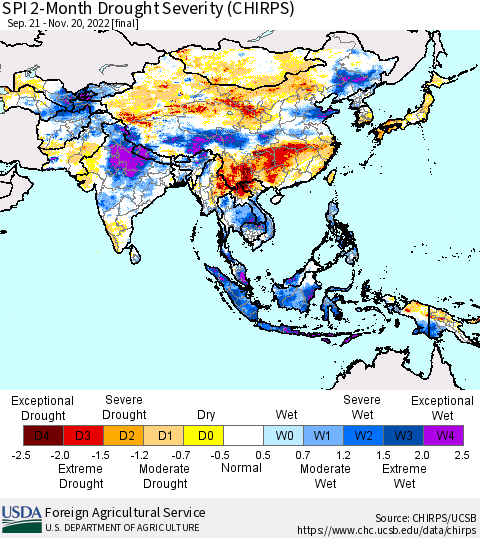 Asia SPI 2-Month Drought Severity (CHIRPS) Thematic Map For 9/21/2022 - 11/20/2022