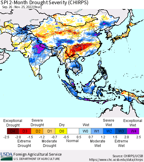 Asia SPI 2-Month Drought Severity (CHIRPS) Thematic Map For 9/26/2022 - 11/25/2022