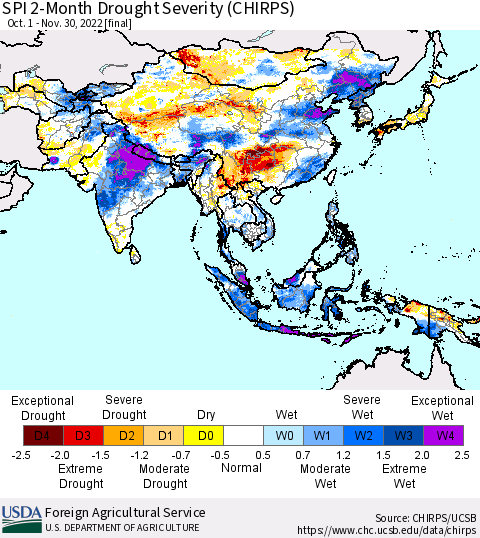 Asia SPI 2-Month Drought Severity (CHIRPS) Thematic Map For 10/1/2022 - 11/30/2022