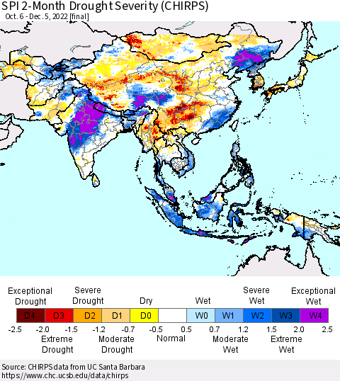 Asia SPI 2-Month Drought Severity (CHIRPS) Thematic Map For 10/6/2022 - 12/5/2022