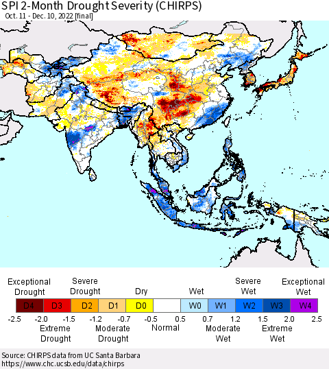 Asia SPI 2-Month Drought Severity (CHIRPS) Thematic Map For 10/11/2022 - 12/10/2022