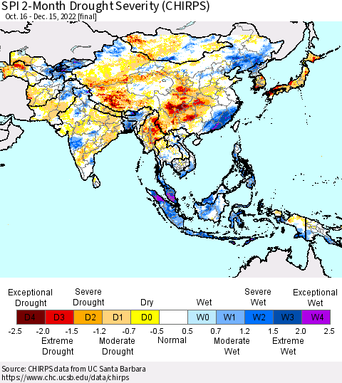 Asia SPI 2-Month Drought Severity (CHIRPS) Thematic Map For 10/16/2022 - 12/15/2022